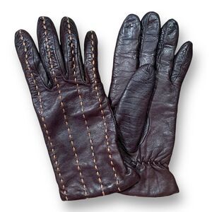 Antonio Murolo Italy Gloves Brown Leather Cream Top Stitching Tan Cashmere Lined